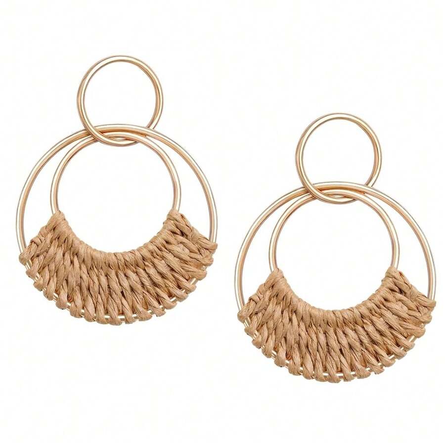 Pendientes de aro de rafia para mujer, divertidos pendientes bohemios de verano para la playa, ligeros, hechos a mano de paja, mimbre y ratán, pendientes colgantes geométricos redondos de declaración - Marrón-Redondo - Ver 1