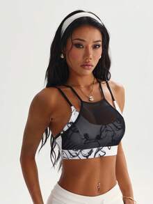 女士时尚黑白扎染印花圆领网眼拼接运动针织文胸 春季 - 黑與白 - 查看 3