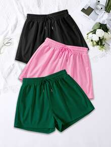 3pcs Solid Color Elastic Waist Drawstring Casual Sports Shorts - Multicolor - View 5