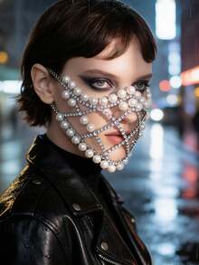 时尚夸张珍珠面具，适合西方派对、夜总会、水钻面具 - 彩色 - 查看 3