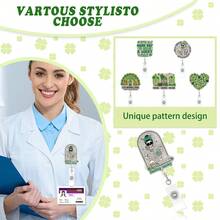 1pc Green Lucky Clover Skull Badge Reel - Gothic Style Acrylic Retractable ID Card Holder, Unique Contrast Design For St. Patrick's Day Nurse Doctor Gift With Keychain Medical Accessory