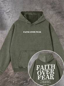 Men's Fashionable Autumn Washed Distressed Pocket Hoodie, Men's Vintage Washed Hooded Sweatshirt With Faith Over Fear Back Print - Y2K Streetwear Oversized Pullover, Pink & White Retro Lettering, Hip-Hop Campus Style, Loose Fit Casual Sweater For Men, All-Season Comfort, Machine Washable, Cordless Design With Front Pocket, Double-Sided Print, Relaxed Fit For Parties & Casual Attire, Sweatshirt For Men, Hoodie, Plus Size Hoodies For Men, Hoodie Jacket For Men, Thick Hoodies For Men - Street Fashion Outerwear - 橄欖綠 - 查看 10