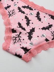 Dircho 5pcs Women's Sexy Cute Gothic Contrast Lace Bikini Panties - Allover Skull & Moon Print Silky Soft Comfy Intimates Underwear, Stretch Breathable Elastic Waist Lightweight Daily Lingerie Set - Multicolor - View 4