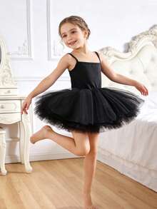 1pc Young Girls Cute Elegant Princess Sweet Academy Ballet Style Breathable Lightweight Tulle Strap Tutu Dress, Suitable For Party, Birthday, Celebration, Holiday, Performance, Banquet, All Seasons - Black - View 4