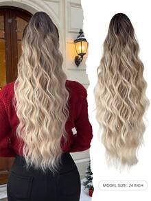 爪形马尾假发，渐变棕色，16英寸、18英寸、24英寸、26英寸、28英寸、32英寸可选，水波纹耐热纤维合成马尾假发，适合女性圣诞节、万圣节、音乐节聚会及日常佩戴。 - 漸層棕色 - 查看 14