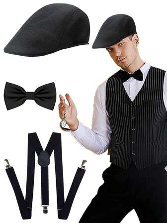 3 delar Forever & Moment 1920-tals herrkostymaccessoarset, hatt, förknuten fluga, Y-rygghängslen, avslappnad och formell outfit - för Gatsby-temafest, cosplay, galor, retrobaler, fars dag och alla hjärtans dag-presenter
