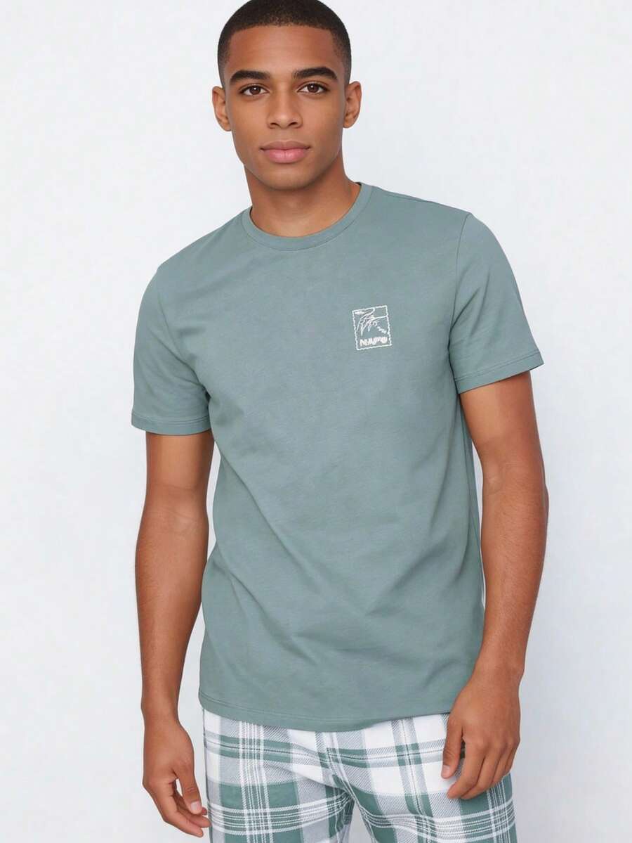 Snug League 2pcs Men's Lightweight Printed Short Sleeve Shirt & Shorts Pajama Set, Summer Home Wear - Multicolor - View 1