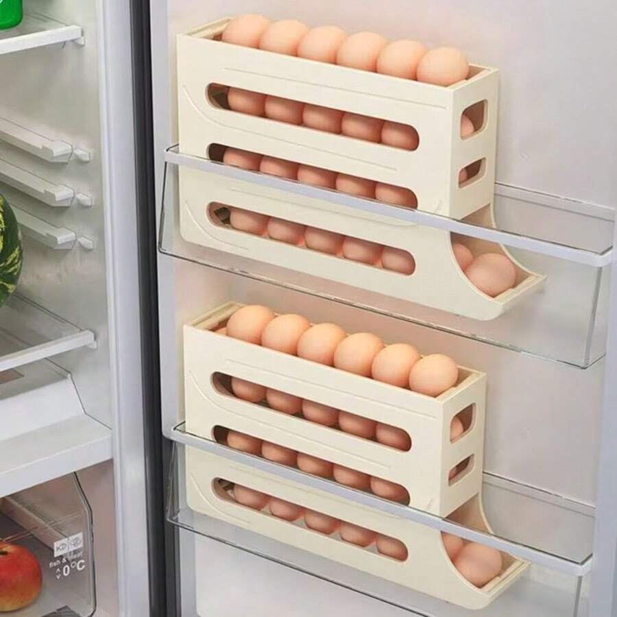 1pc 4-Tier Egg Storage Box Compatible For Refrigerator - Heavy-Duty Plastic Egg Organizer With Anti-Slip Egg Holder Rack, Space-Saving Fridge Shelf For Egg Cartons (No Electricity Needed) - Yellow - View 1