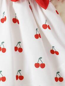 新生女宝宝可爱甜美樱桃印花圆领荷叶边泡泡袖连衣裙配发带，夏季 - 彩色 - 查看 7