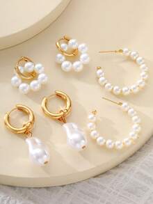 6pcs Elegant & Sophisticated Faux Pearl Stud Earrings Set, Everyday, Date, Commute, Birthday, Valentine's Day Gift For Her - Yellow Gold - View 2