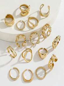 16pcs/Set Punk Style Geometric Rings Set, Vintage Fashion Jewelry Gift, Suitable For Daily Outfit And Party Accessories - 金色 - 查看 5
