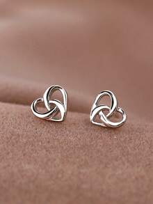 1pair Elegant & Simple Interwoven Small Heart Shaped Stud Earrings Valentines - Antique Silver - View 7