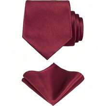 1 Set Men Solid Color 8cm Necktie And Pocket Square Set, Satin Tie And Handkerchief Set, Business Necktie And Pocket Square Men Necktie - Wine Red - 查看 2