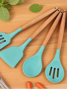 12pcs Wooden Handle Silicone Kitchenware Set, With Holder, Non-Stick Cooking Spatula, Scraper & Stirring Spoon Set, Kitchen Utensils Set With Wooden Handle For Nonstick Cookware, Cooking Utensils Set, Ladle, Spoon, Spatula, Tong, Heat-Resistant & Non-Scratch, Non Smell & Healthy, For Cooking & Baking & Frying & Stirring - MultiWarna - View 6