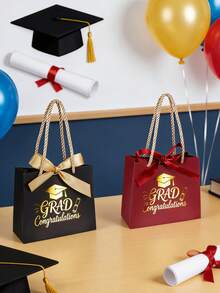 10pcs/1pc Graduation Gift Boxes With Handles (Includes Ribbons), Graduation Gift Bags, Graduation Gift Boxes, Graduation Candy Tote Bag Gift Boxes, Graduation Party Favors - Black With Gold Ribbon [Graduation Season Handbag] - View 8