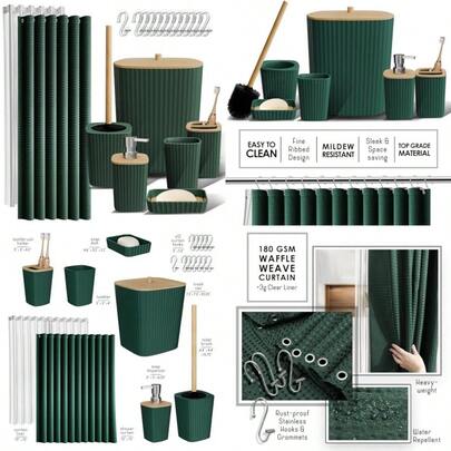Clara Clark Bathroom Accessories Set - Bathroom Accessory Set With Shower Curtain Set Toilet Brush Trash Can And Soap Dispenser Hunter Green Complete Set