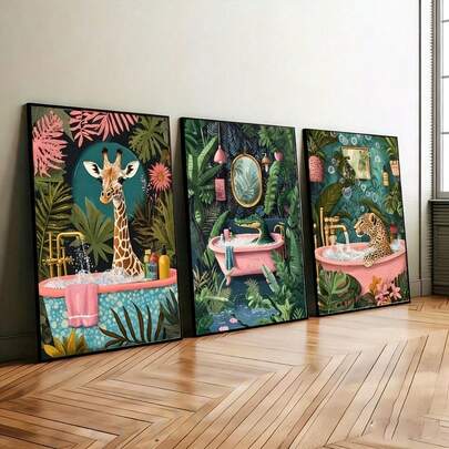 3pcs Unframed Boho Style Animal Bathroom Decor Posters - Giraffe, Leopard, Crocodile In Bathtub - Vibrant Tropical Jungle Design With Pink Accents - Minimalist Wall Art For Dorm, Apartment, Living Room, Bedroom, Modern Home Decor, Bathroom | Jungle Theme Decor | High Quality Canvas Prints, Animal Decor