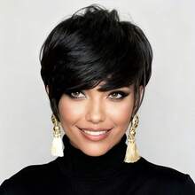 女士精灵短假发，真人发丝，黑色短假发，带刘海，真人发丝，无胶无蕾丝前额，全机织分层假发，日常佩戴，即戴即走。 - Natural Black - 查看 2