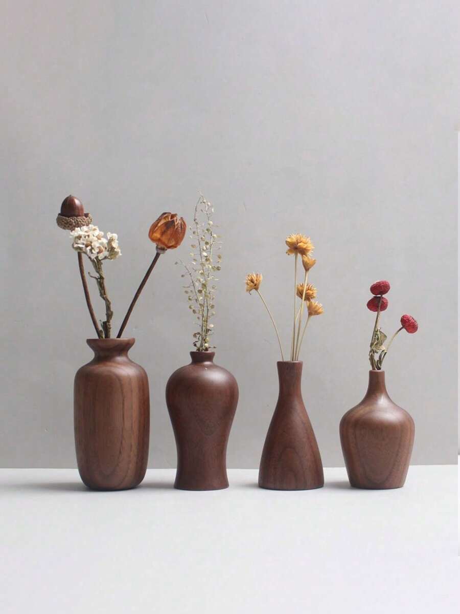 日式实木干花花瓶 木制工艺品 木质保温侘寂风格家居装饰 桌面摆件 干花插花 复古木质民宿桌面装饰 小花瓶 - 深棕色 - 查看 1