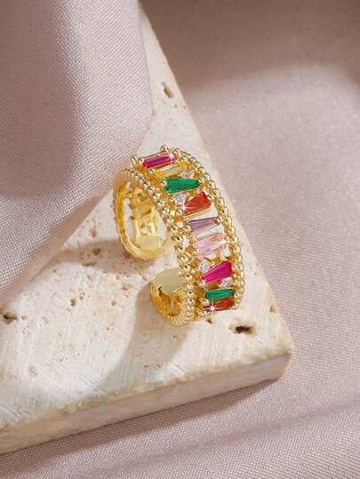 Elegant Colorful Crystal Rectangle Ring - Women's Gold-Tone Personalized Ring | Perfect For Date Night And Brunch
