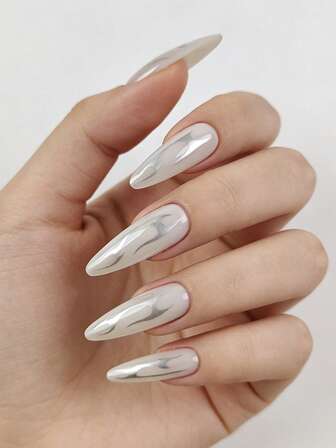24pcs Press On Nails Almond French Nails Y2k Gray Nails Long Glitter Geometry Stripes Pattern Simple Reusable Press On Acrylic Nails Fake Nails Supplies Free Of 24 Pieces Of Jelly Tabs And A Mini File