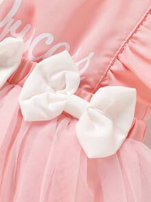 2pcs/Set Soft & Comfortable Casual Elegant Baby Girl Outfit, Cute Crown & Letter Pattern, Bow Decor, Ruffle Mesh Princess Romper Dress & Headband Set, Suitable For Party, Vacation, Photography And Daily Wear - Multicolor - View 4