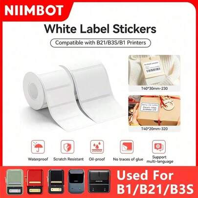 NiiMbot תוויות תרמיות דביקות מסדרת B, תוויות שקופות לבנות, תגיות מחיר, מתאים למדפסות תרמיות ניידות מיני B1/B21/B3S/B31