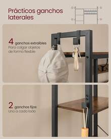 Entryway Coat Rack With Shoe Bench And 5 Storage Shelves, 9 Clothes Hooks And 6 Side Hooks, 40 X 120 X 190 Cm, Rustic Brown And Ink Black HSR426B01 - 復古棕色 + 墨黑色 - 查看 7