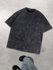 Hemo 男士街头赛车图案T恤，略带弹力做旧效果棉混纺黑色圆领短袖T恤，休闲日常穿着 - 黑色 - 查看 2