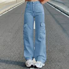 Y2K风格女式纯色直筒宽松休闲工装裤，春夏度假休闲裤，返校季长裤 - 中藍 - 查看 3