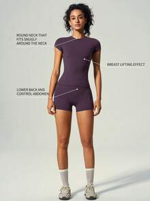 UONNOU Bộ 2 món quần short tay ngắn thể thao, dáng ôm, cạp cao, có 2 túi bên hông, thích hợp cho yoga, tập luyện và mặc hàng ngày, phù hợp mọi mùa. - Màu tím - Xem 3