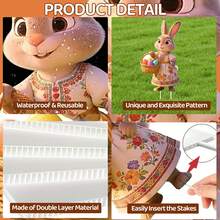 2D打印，2件套复活节兔子户外装饰，花园摆件，含兔子和彩蛋篮 - 户外草坪庭院标牌，适合节日家居和派对装饰，耐用塑料材质，花园装饰，色彩鲜艳的兔子设计，花园配件 - 彩色 - 查看 6