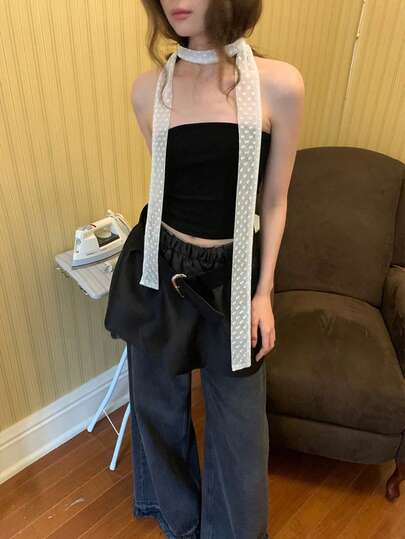 1条波点蕾丝优雅长款真丝围巾，女士颈部保护巾兼装饰小围巾，多功能发圈及丝带配饰