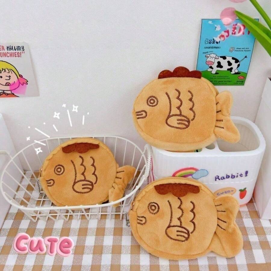 1pcs Healing Creative Taiyaki Coin Purse Card Holder Cute Furry Multifunctional Storage Bag Can Hold Data Cable Coins Lipstick Creative Mini Pendant Gift - 鯛魚燒錢包(無里布) - 查看 1
