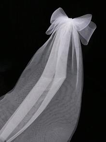 1件白色蝴蝶结薄纱新娘长头纱，优雅婚礼新娘披肩头纱，情人节配饰 - 白色 - 查看 7