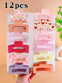 6/12pcs Multicolor Square Hair Clips, Heart Print Hair Accessories Set, Suitable For Girls Daily Wear, Birthday Party, Holiday Event, Beach, Or As A Beautiful Gift For Girlfriend And Best Friend - Multicolor - View 8