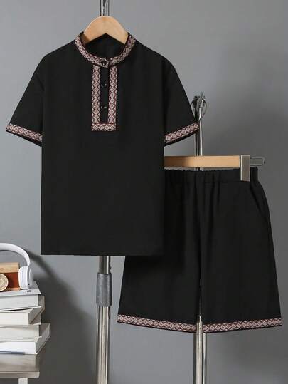 Tween Boy Contrast Trim Round Neck Short Sleeve Shirt & Shorts Set