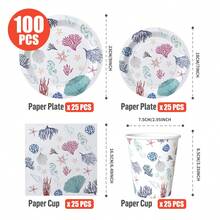 1 Set Of 25 Disposable Party Supplies With Ocean Fossil Design Plates, Napkins, Cups - Suitable For Birthday, Wedding, Theme Party, Family Picnic - Multicolor - View 2