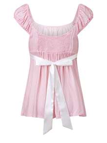 Women Fairy Grunge Y2k Babydoll Shirt Cap Sleeve Polka Dot Tie Back Flowy Crop Top Summer Aesthetic Square Neck Ruched Shirt Preppy Clothes - 粉色 - 查看 7