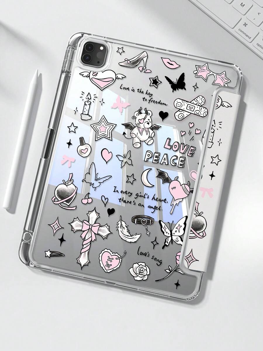 Cute Cartoon Bear, Butterfly, Letter, Star, Bow Heart Patterned Double-Sided Acrylic Transparent Crystal Back Cover, Shock-Resistant , Suitable Compatible With Ipad 7th, 8th And 10th Generation (10.2 Inch). It Has A Built-In Pen Slot And Supports Sleep/Wake Function. An Ideal Gift For Valentine's Day And Holidays.