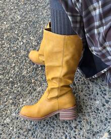 Wide Calf Boots Women's Knee High Boots Square Toe Chunky Block Heel Long Boots Pull On Riding Boots Knight Boots - Màu vàng - Xem 10