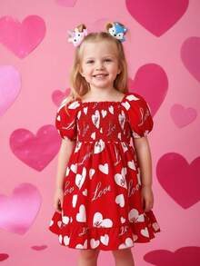 Young Girls' Heart Print Puff Sleeve Dress, Square Neck Waist Ruffle Hem, Sweet Princess Dress For Spring/Summer - Red - View 7
