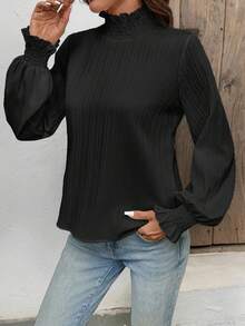 黑色长袖上衣 女士优雅褶皱高领灯笼袖纯色衬衫 - 黑色 - 查看 3