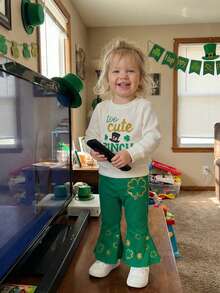 Toddler Baby Girl St Patricks Day Outfit Shamrock Long Sleeve Letter Print Sweatshirt Flare Pant Sets Little Kids Irish Clothes - 白色 - 查看 8