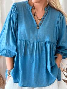 Áo sơ mi vải lanh dáng rộng, thoải mái dành cho nữ cỡ lớn, đơn giản và thời trang, phù hợp cho mặc hàng ngày, đi nghỉ mát, đi làm, mùa xuân/hè. - Màu xanh lam - Xem 1