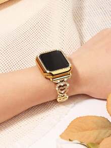 2Pcs/Set Men And Women Rhinestone Design Steel Strap Compatible With Apple Watch Band 40mm 38mm 40mm 41mm 42mm 44mm 46mm 45mm 49mm Compatible With Iwatch Series Ultra2 SE 11 10 9 8 7 6 5 4 3 2 1 Watch Accessories - Gold - View 4
