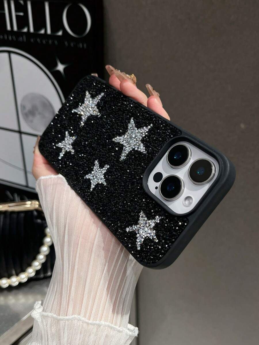 极简黑色星形图案时尚手机壳，1个装，黑色纯色水钻星星二合一镜头孔手机保护壳，兼容 17、16、15 Pro Max、14、13、12、11系列，水钻星星图案，极简时尚手机壳，生日礼物派对佳品