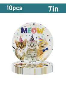 50/10pcs Cat Theme Birthday Party Supplies, Including Cat Paper Plates, Paper Cups And Napkins, Disposable Birthday Plates, Cat Theme Party Supplies, Birthday Decorations, Disposable Cups, Serves 10 People - Multicolor - View 7