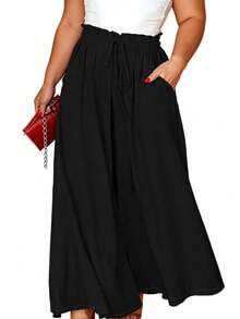 Plus Size Women Casual Drawstring Waist Loose Wide Leg Pants, Solid Color, Versatile For Daily Commute - Black - View 3