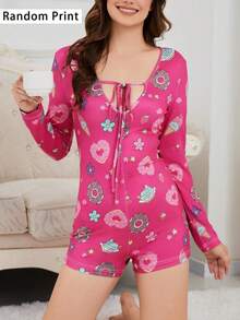 Fuchsia Donut Print Cute & Comfy Jumpsuit For Women - Hot Pink - View 1
